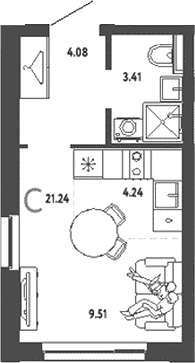 Планировка Студия, 21,24 м² в ЖК Уральский сад